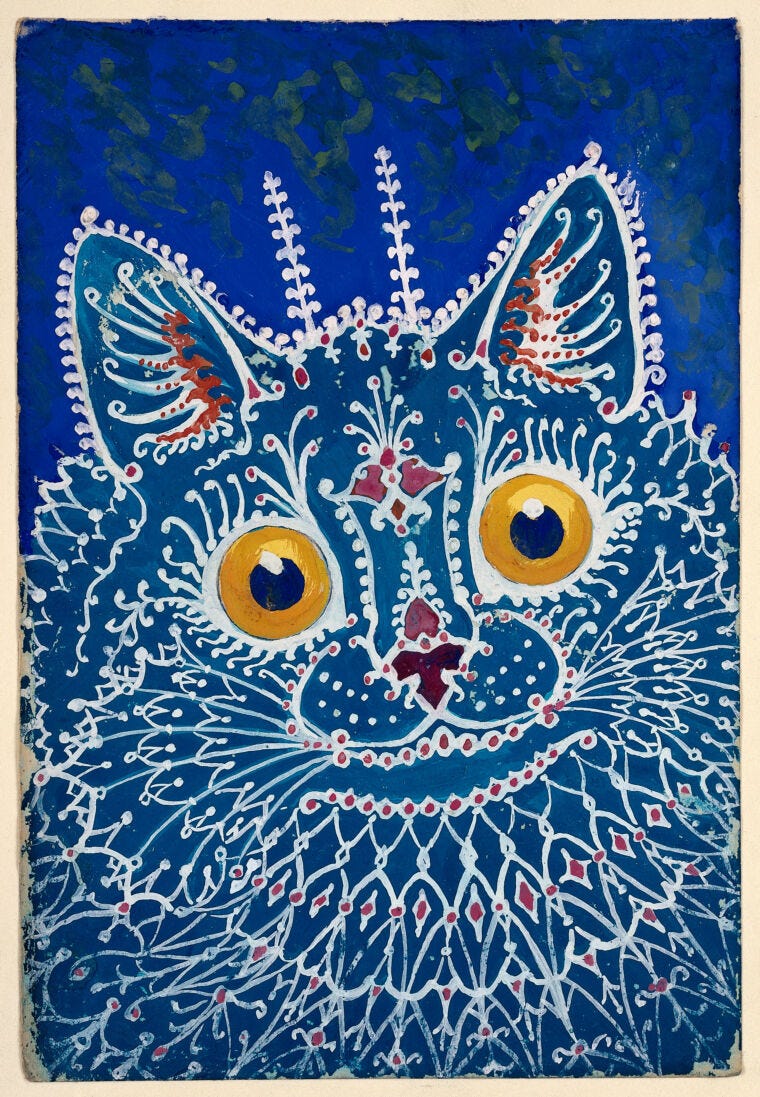 A blue, stylised painting of a cat by Louis Wain.