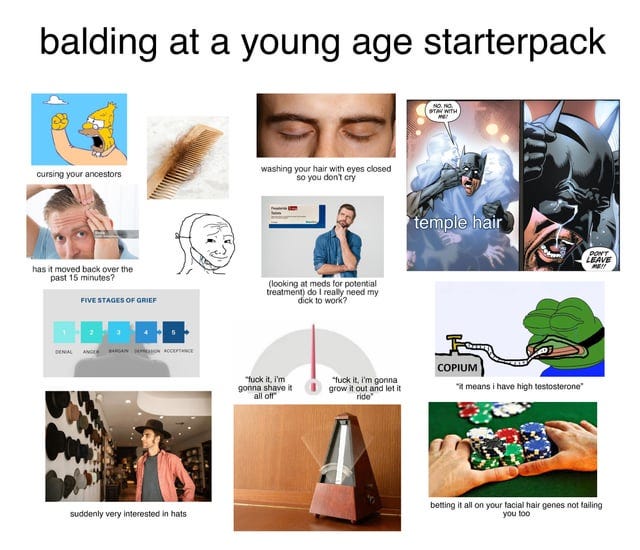 r/starterpacks - balding at a young age starterpack