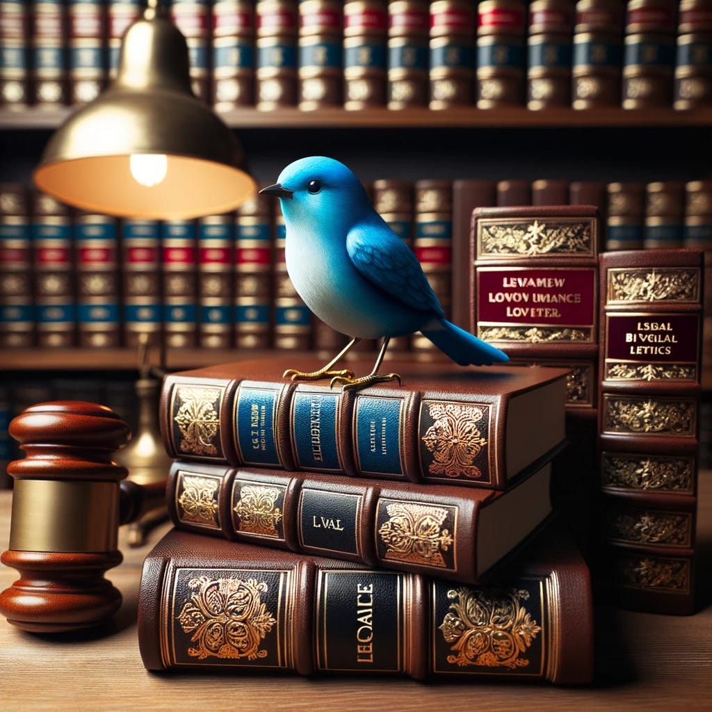 "Photo of a scholarly setting with a vibrant blue bird confidently standing atop a stack of leather-bound legal textbooks. The books have gold embossed titles related to various legal topics. The background is a wooden desk with a vintage lamp illuminating the scene." / DALL-E 3