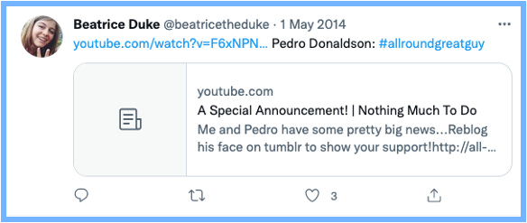 Bea Tweets: [link to 'A Special Announcement'] Pedro Donaldson: #allroundgreatguy