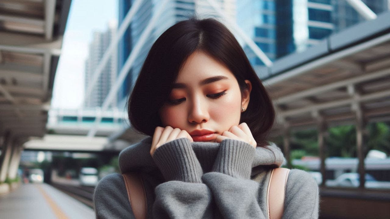 young asian woman in city feeling overwhelmed - AI image via DALL-E/Bing