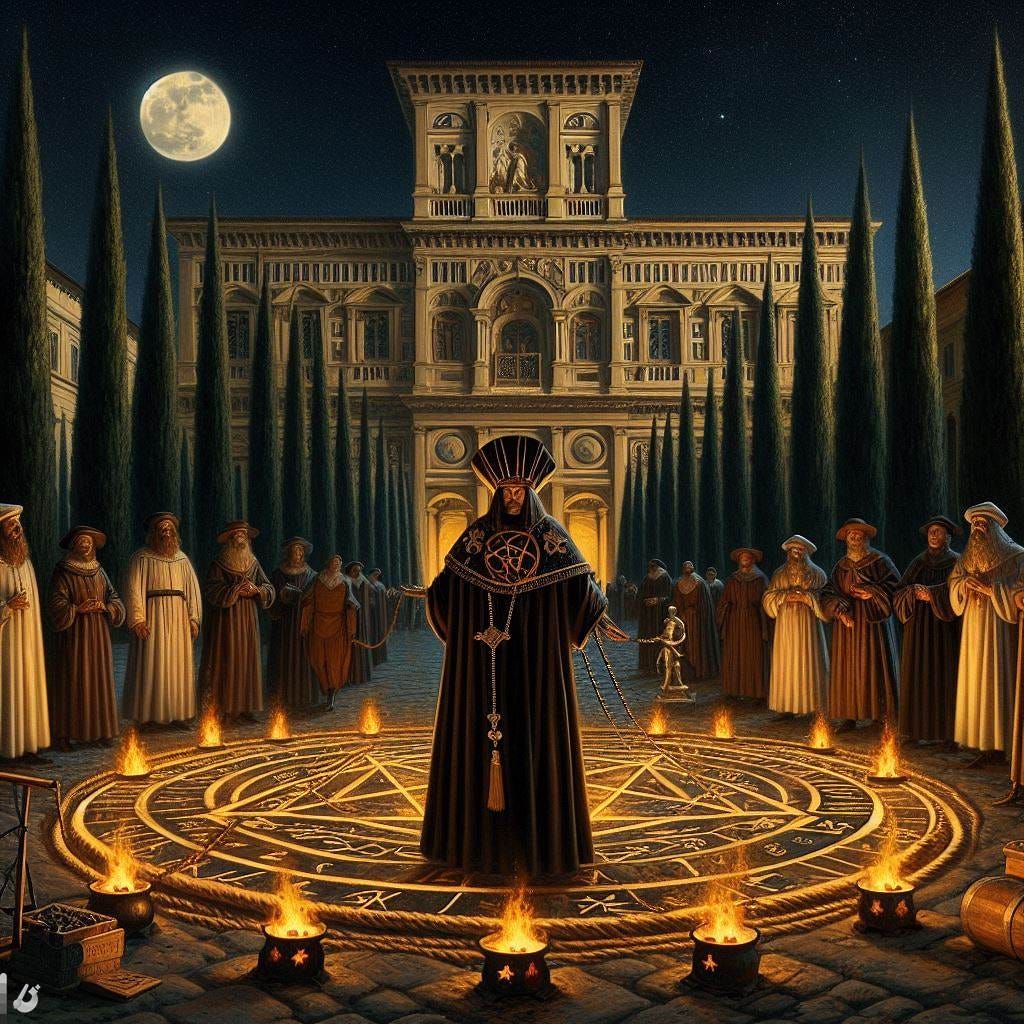 show me a wide shot photo of florentine Renaissance men and grand duke francesco I de’ Medici outside in a Renaissance garden at night in the orti oricellari with many cypress trees and a palace in the background watching a necromancer magician wearing a miter hat with pentagrams and astrological symbols on it standing in a circle of rope on the ground conjuring demons. there are braziers of coal and tar and a metal bell on the ground too