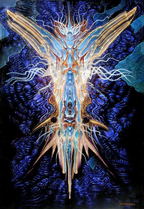 A chromatic rendering of an angel in psychedelic style with wings spread against a vibrant blue abstract background. The highlights outlining the figure and defining the ridges of the wings are an electric, glassy yellow. The blank face features a pair of lines instead of eyes that sweep back and off the head. An orb sits high on the forehead with white tentacles of light snaking upward. A chromatic rendering of an angel in psychedelic style with wings spread against a vibrant blue abstract background. The highlights outlining the figure and defining the ridges of the wings are an electric, glassy yellow. The blank face features a pair of lines instead of eyes that sweep back and off the head. An orb sits high on the forehead with white tentacles of light snaking upward.