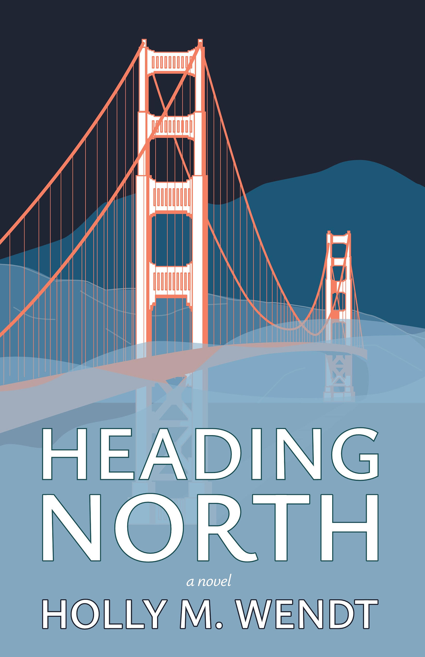 The cover of Heading North by Holly M. Wendt: a soft orange and white silhouette of the Golden Gate Bridge crosses a very dark blue background, above the suggestion of fog and waves and hills in softer shades of blue.