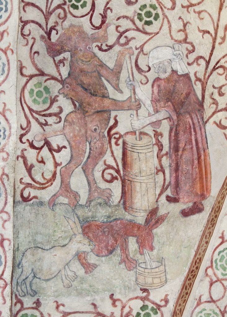 Withc and devil churning butter with two milk hares, Osmo Sweden