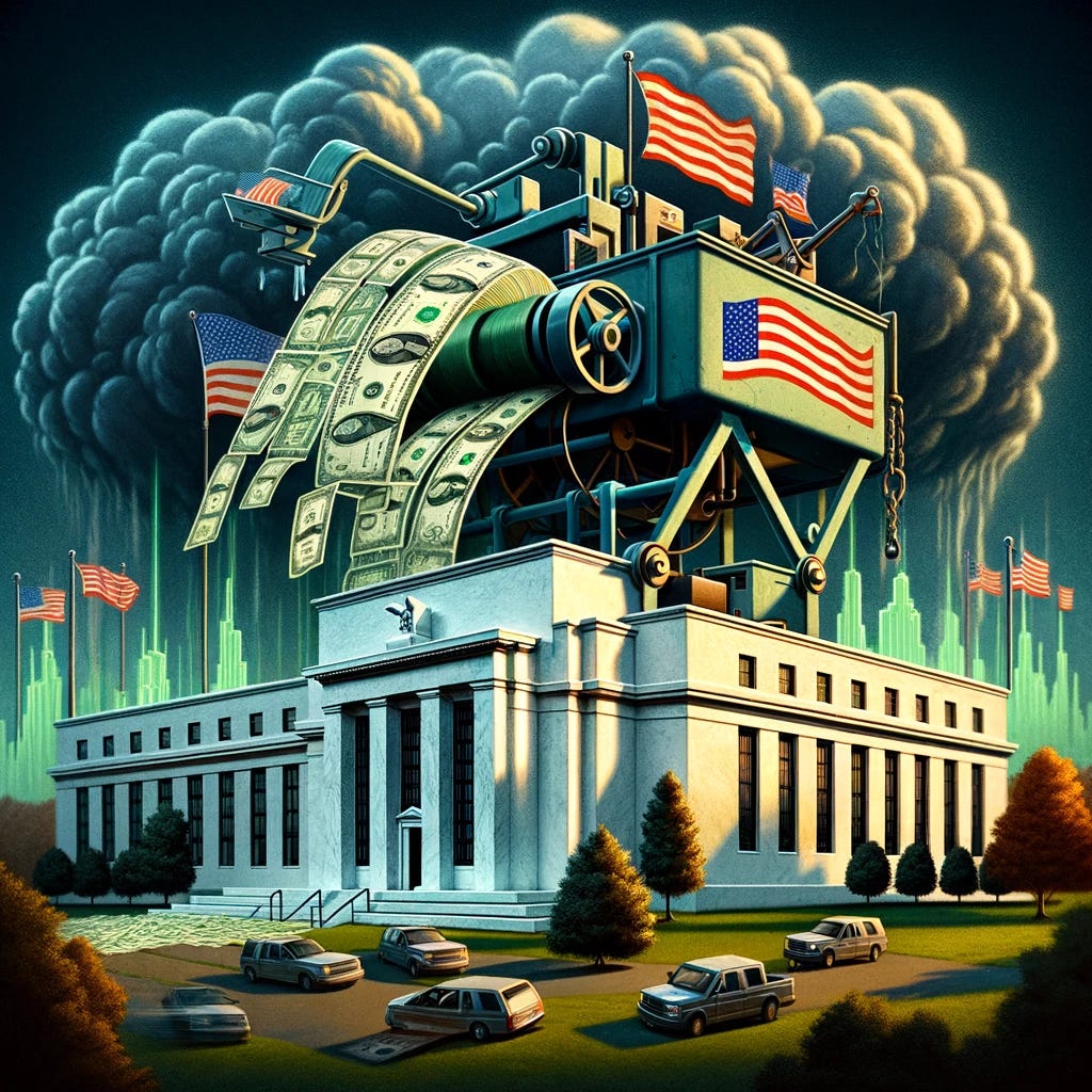 A symbolic image depicting the influence of upcoming elections on the Federal Reserve's monetary policy. The scene shows a caricature of the Federal Reserve building with a large money printing machine attached to it, spewing out streams of dollar bills. In the background, there's a looming election banner, symbolizing the imminent elections. The sky is filled with dark clouds, representing economic uncertainty. This image captures the concept of the Fed's monetary policy being driven by the political necessity to avoid a recession before the elections, highlighting the pressure to maintain economic stability through aggressive monetary measures like 'printing money'.