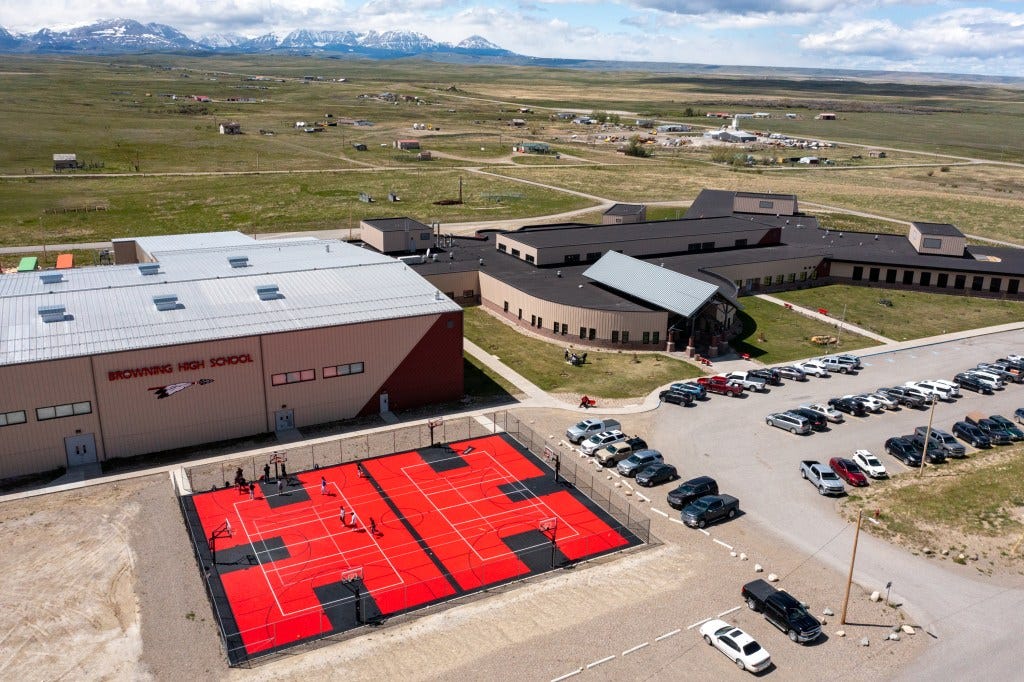 Aerial view of Browning High School on the Blackfeet Reservation on Tuesday, May 20, 2025. Aerial view of Browning High School on the Blackfeet Reservation on Tuesday, May 20, 2025.