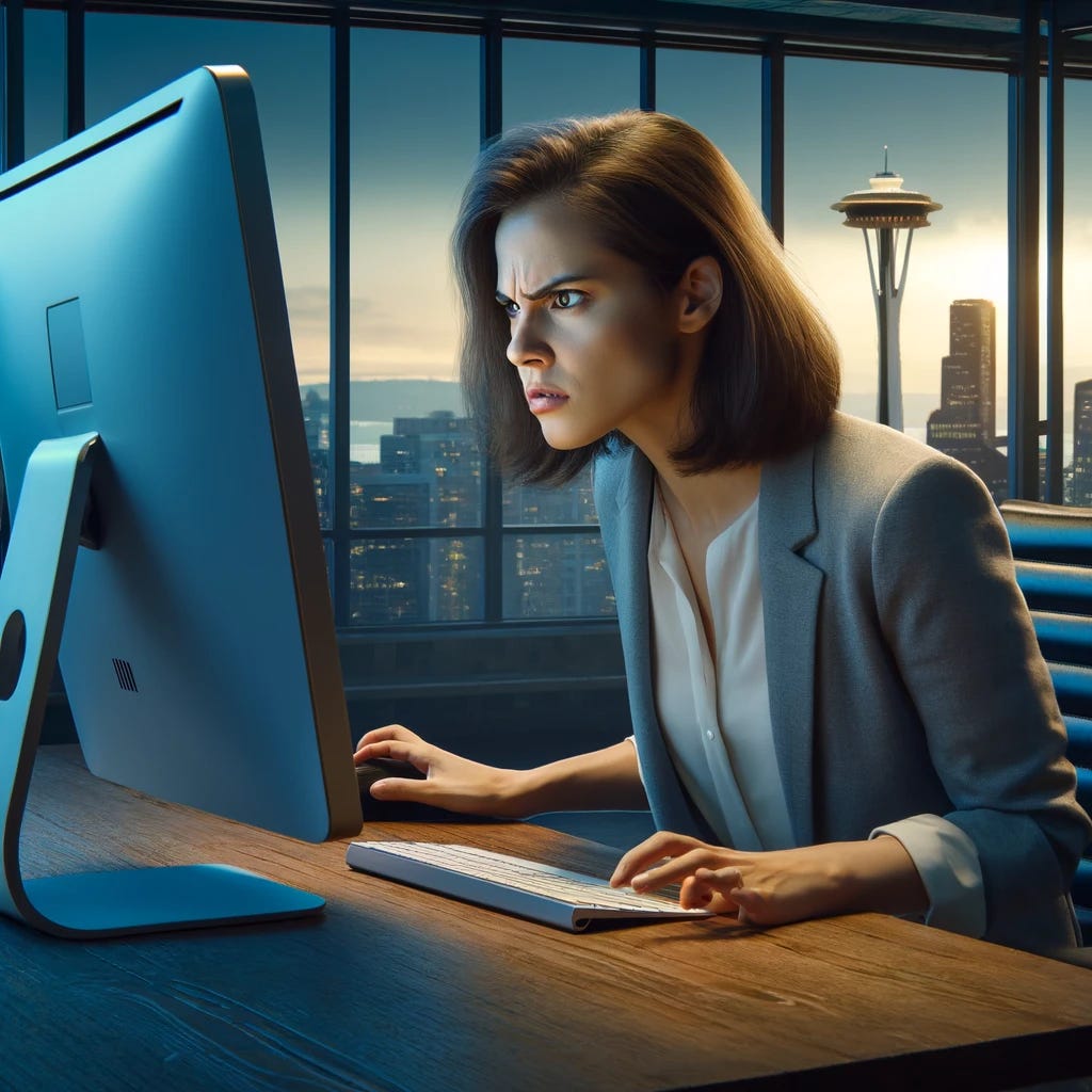 Create an image of a female person sitting at a computer in a high-rise office, visibly frustrated and angry. She is leaning forward in her chair, glaring at the computer screen with an intense expression. Her brow is furrowed, and her hands are poised above the keyboard as if she's about to type a response or click aggressively. The office has large windows through which the Seattle Space Needle can be seen in the background, placing the scene within the iconic cityscape. The lighting within the office highlights the tension in her face, emphasizing her emotional response. This scene captures a moment of digital frustration against the backdrop of Seattle.