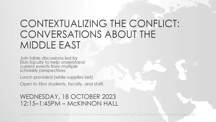 A light gray poster advertising "Contextualizing the Conflict: Conversations about the middle East" on Wed, Oct 18 at Elon University.