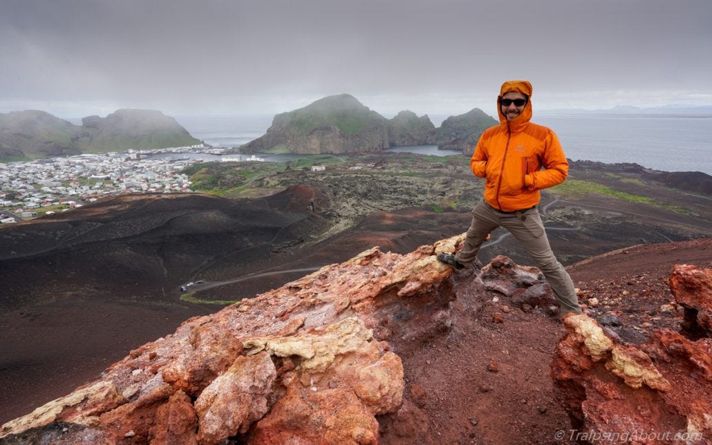 Our friend Eli has hip flexibility to die for! Here he is showing off on top of a still-hot volcano on West Man Island.