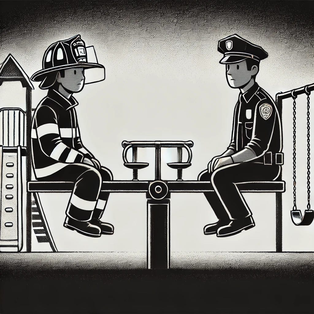 A black and white, serious cartoon-style illustration of a seesaw in a quiet, somber playground setting. On one end of the seesaw sits a firefighter in full gear, including a helmet, with a thoughtful and reflective expression. On the other end is a police officer in uniform, also with a serious demeanor, gazing into the distance. The playground is minimalist, with faint outlines of a slide and swing in the background, evoking a sense of gravity and introspection.