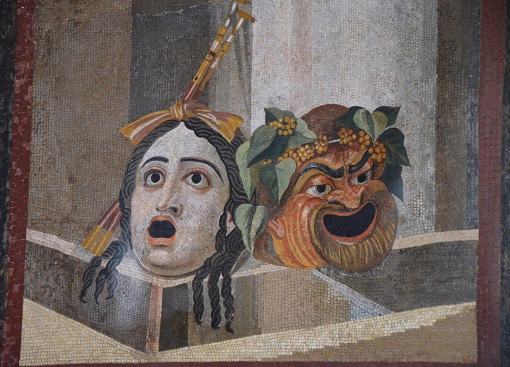 Mosaic depicting theatrical masks of Tragedy and Comedy, 2nd century AD, from Rome Thermae Decianae (?), Palazzo Nuovo, Capitoline Museums