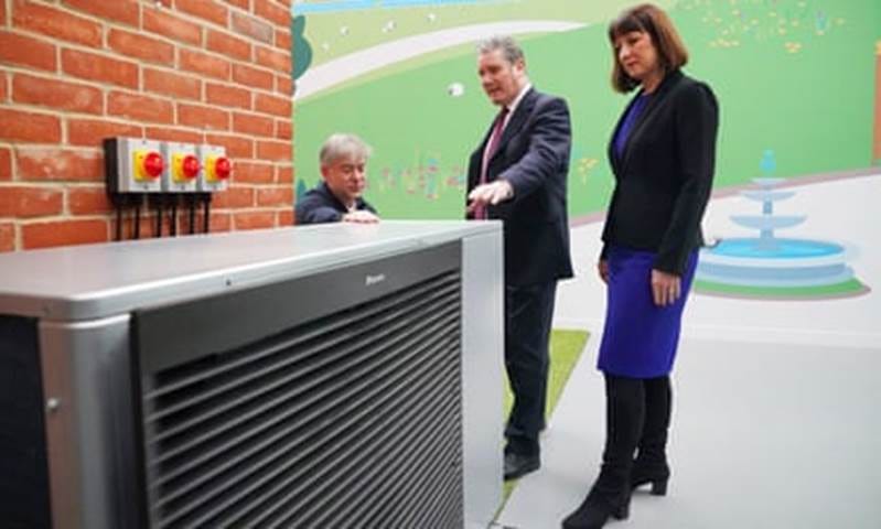 In the UK, the Labour leader, Sir Keir Starmer, and the shadow chancellor, Rachel Reeves, are shown a heat pump during a visit to renewable energy company