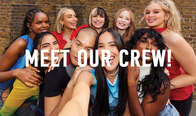 9 beauty creators crowded together in front of a brick wall as part of Rimmel London's Creator Crew. Text on screen says Meet Our Crew