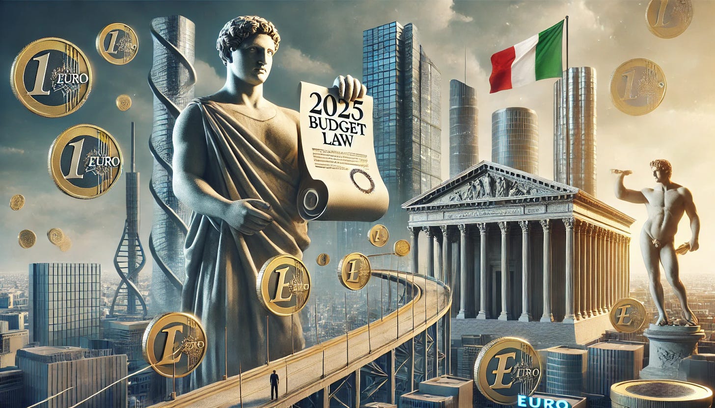 A symbolic image showing the Italian government's new measure requiring banks and insurance companies to contribute to the 2025 budget law. In the foreground, an imposing classical statue or politician figure holds an official document labeled '2025 Budget Law.' On either side, modern skyscrapers representing banks and insurance companies, with abstract symbols indicating financial institutions. A bridge made of large euro coins connects these buildings to the central government figure, representing the flow of funds. In the background, the Italian flag waves subtly, blending into the sky.