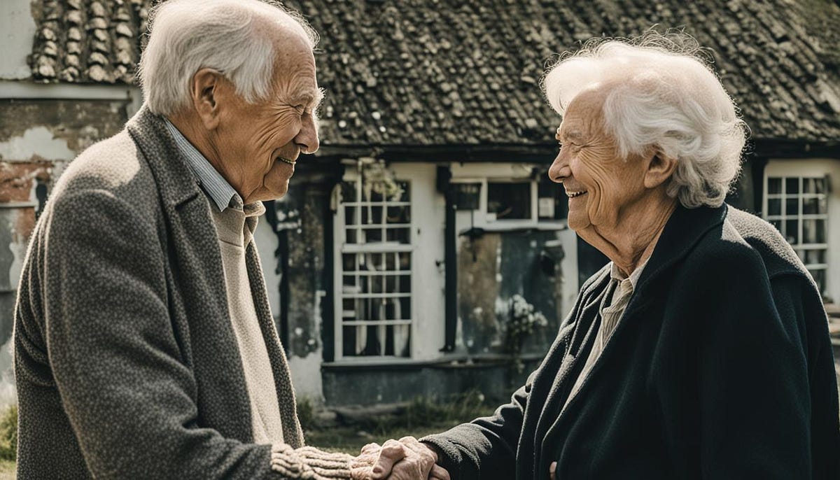 Old couple holding hands in front of house