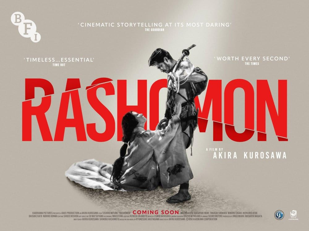 Movie poster for Rashomon by Akira Kurosawa. A Samurai stands over a kneeling Japanese woman. Movie poster for Rashomon by Akira Kurosawa. A Samurai stands over a kneeling Japanese woman.