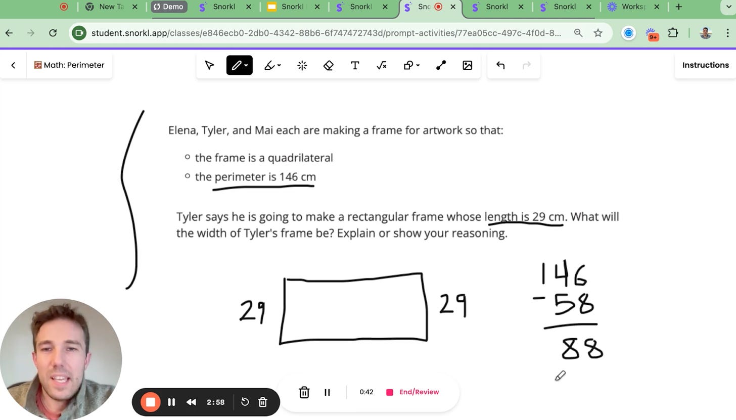 A Snorkl screenshot. The teacher has uploaded a problem about a quadrilateral.