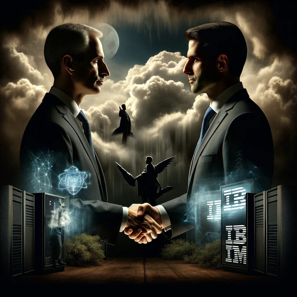 A dramatic scene showing the CEOs of Palo Alto Networks and IBM shaking hands. The image should have an undertone of foreboding, with dark clouds or shadows in the background. The two CEOs should be clearly identifiable, wearing business suits, with serious expressions. The background could include elements symbolizing technology and cybersecurity, like servers or digital data streams. Ensure the mood is tense and slightly ominous.