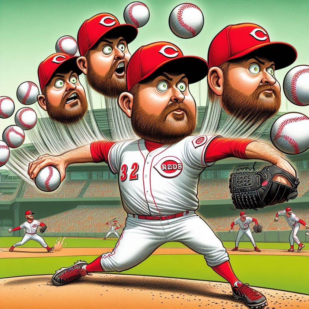 caricature of Cincinnati reds pitcher Hunter Greene pitching at the Oakland Coliseum, throwing several baseballs simultaneously to strike out several batters simultaneously