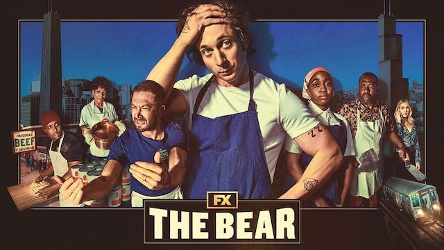 Title art for the hit FX show, The Bear, starring Jeremy Allen White. He looks overwhelmed and frustrated in his chef's apron.