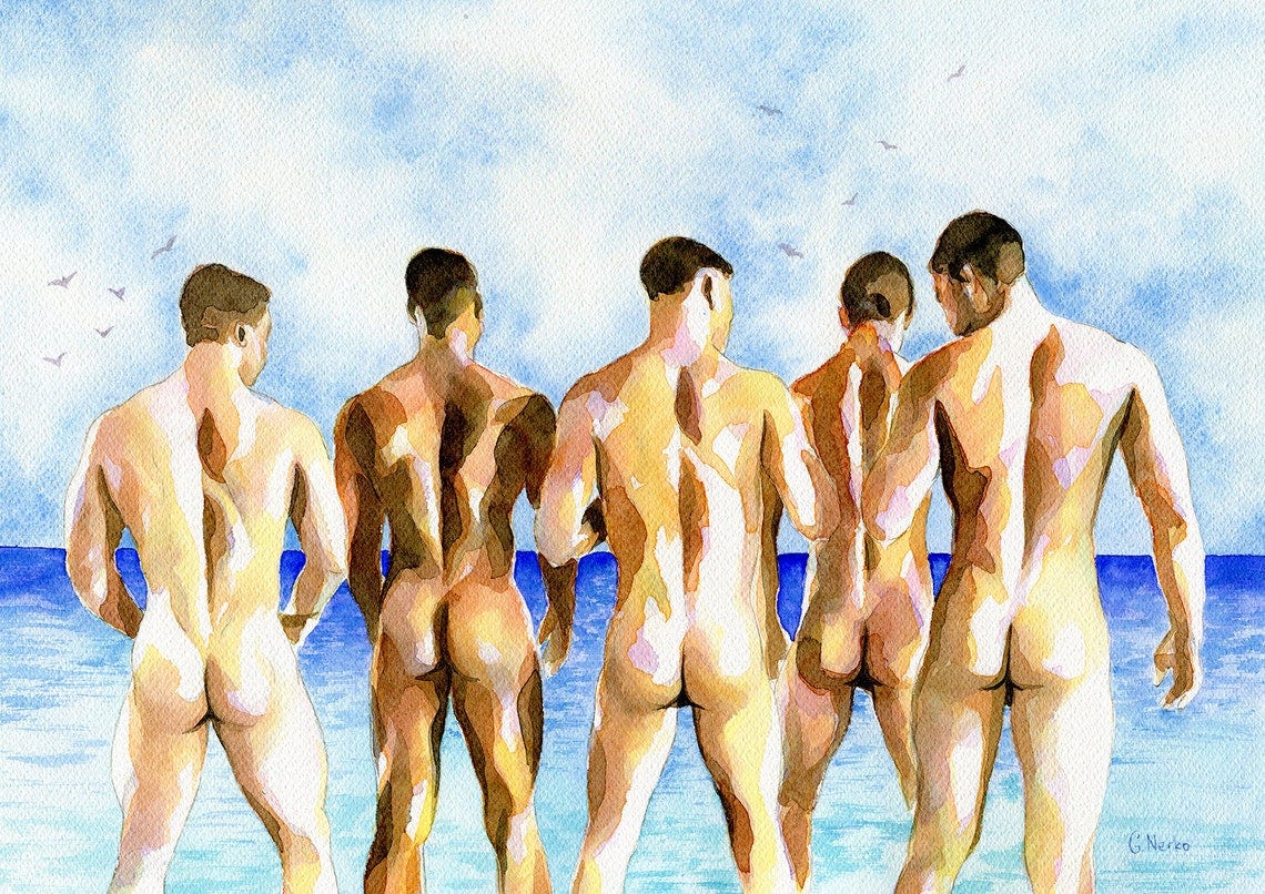 PRINT Original Art Work Watercolor Painting Gay Male Nude Beach party image 1