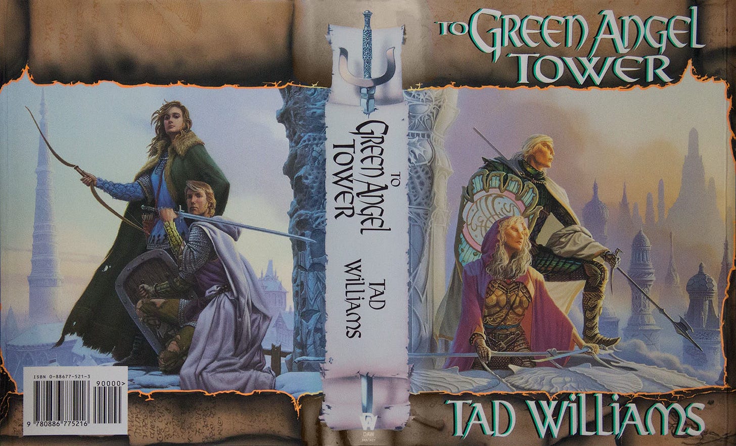 Wraparound book cover for TO GREEN ANGEL TOWER by Tad Williams, published by DAW Books.