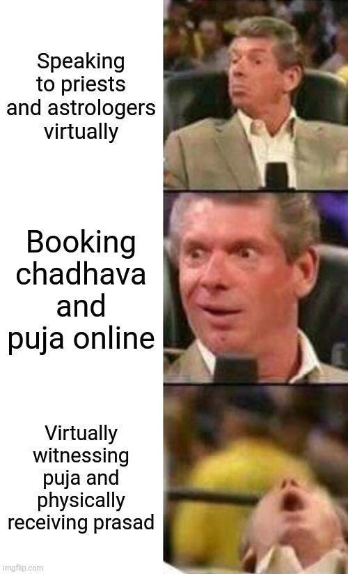 Meme showing Vince McMahon’s expressions changing as he discovers more features of a spiritual app