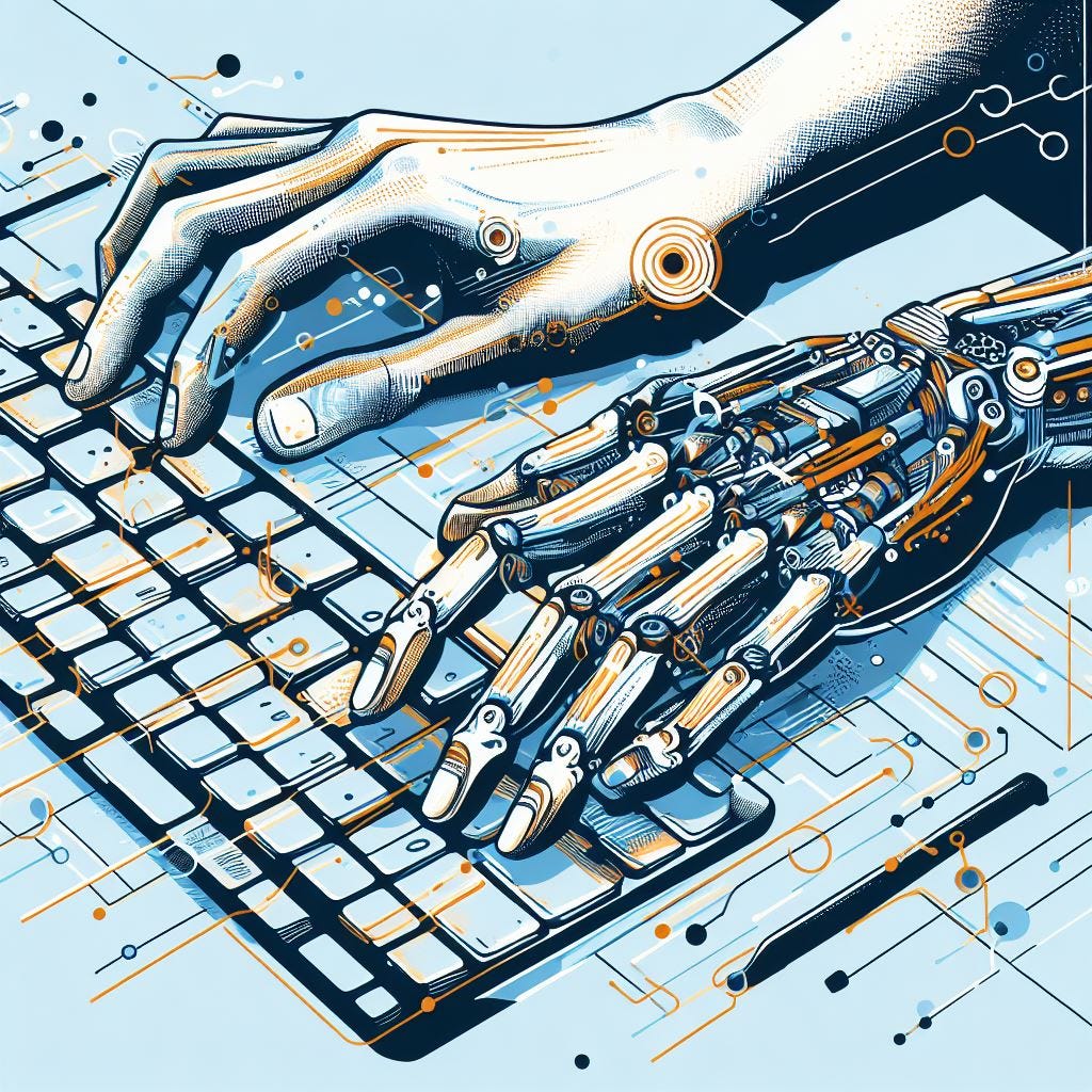 a close up stylistic illustration of two hands, one human and the other robotic, typing on a keyboard
