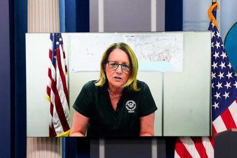 U.S. Federal Emergency Management Agency (FEMA) Administrator Deanne Criswell appears on a screen during a press briefing at the White House in Washington, U.S., January 10, 2025. REUTERS/Elizabeth Frantz