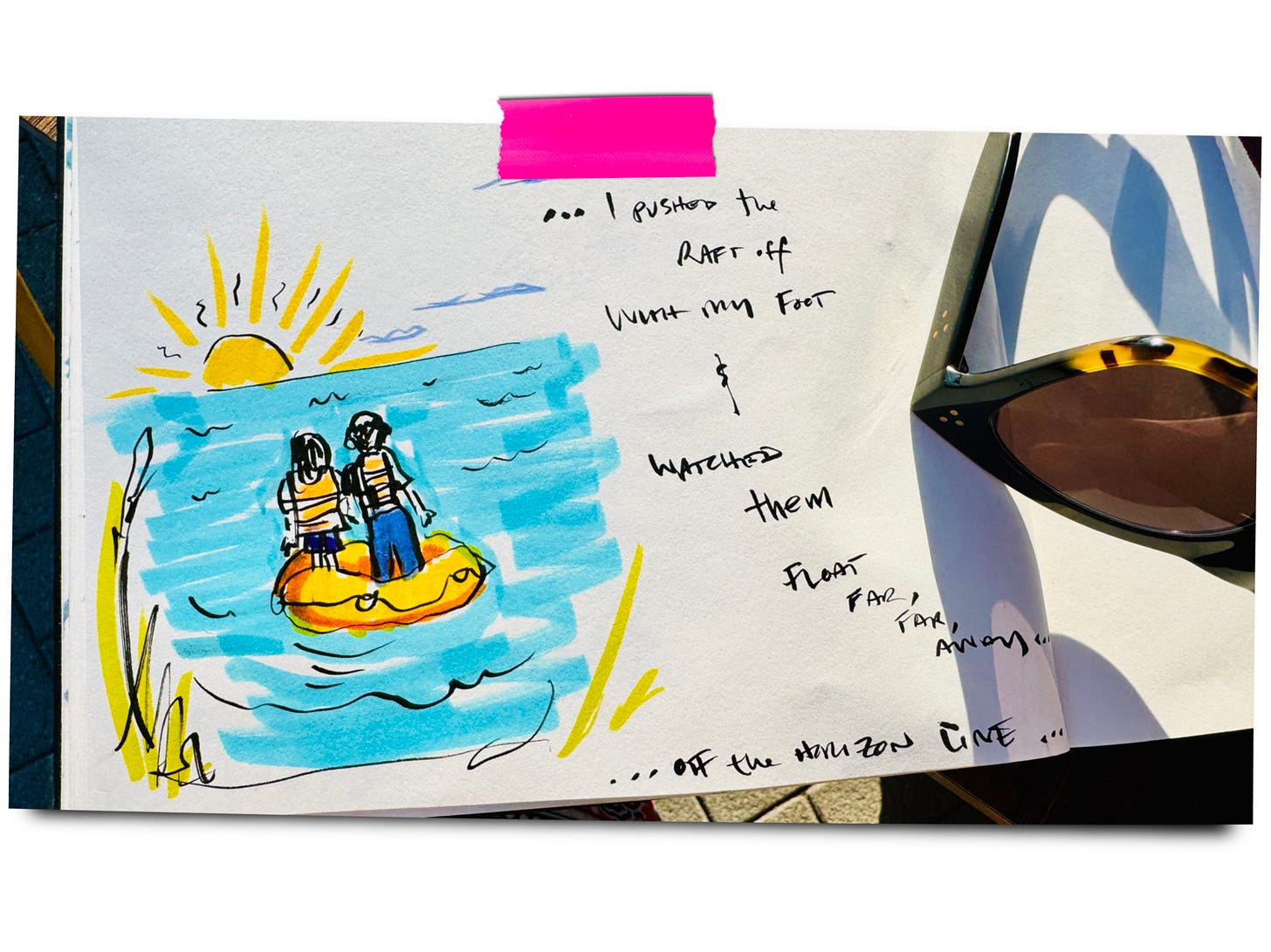 detail of lisette's sketchbook with a drawing of a couple standing in a yellow raft on blue water facing a setting sun. the text reads ...i pushed the raft off with my foot & watched them float    far,      far,         away...  ...off the horizon line...