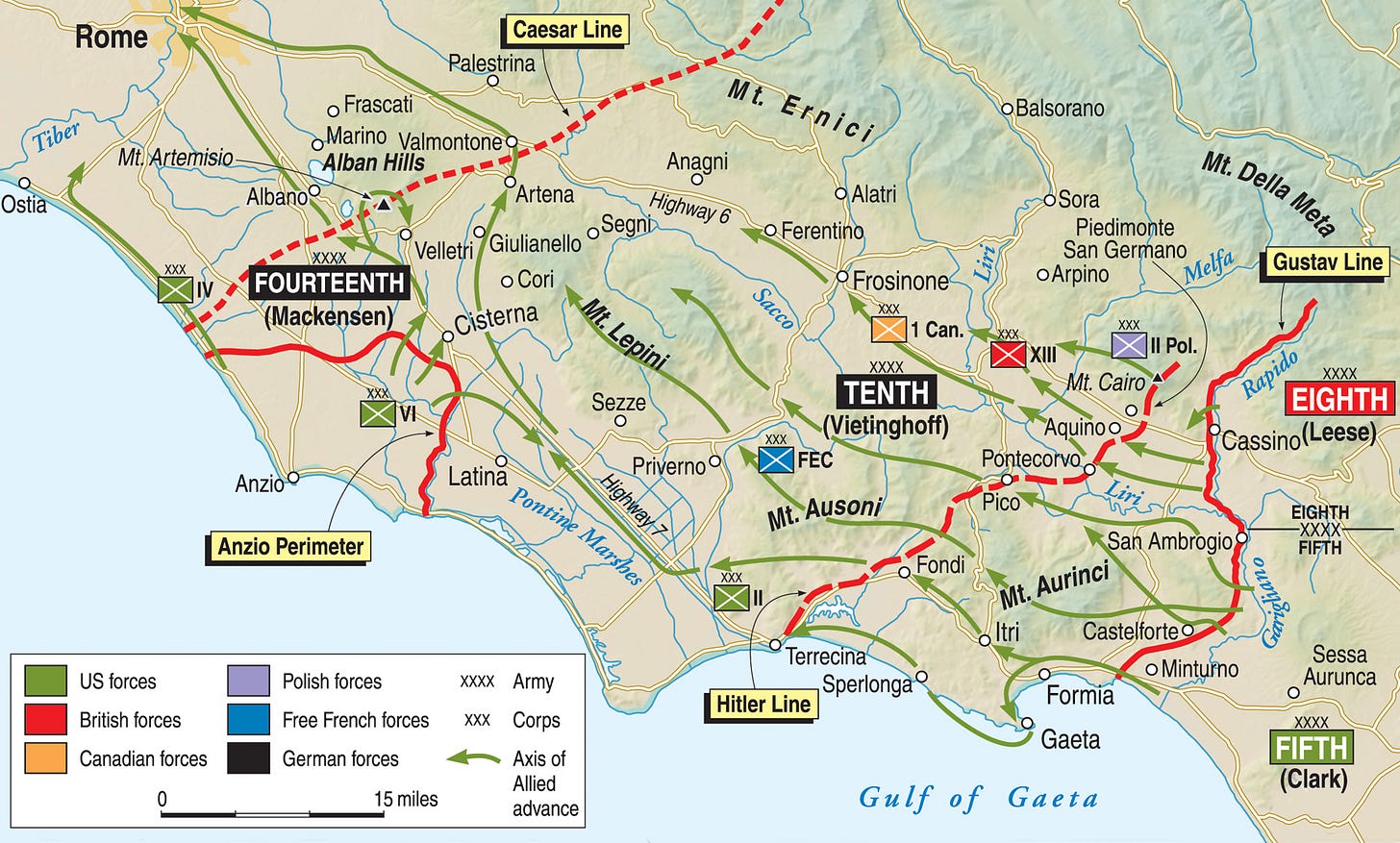 The coordinated Allied Operation Diadem offensive finally broke the stalemate along the Gustav Line, while the languishing Allied troops at Anzio mustered the strength to break out of their beachhead where landings had been stymied in January 1944.