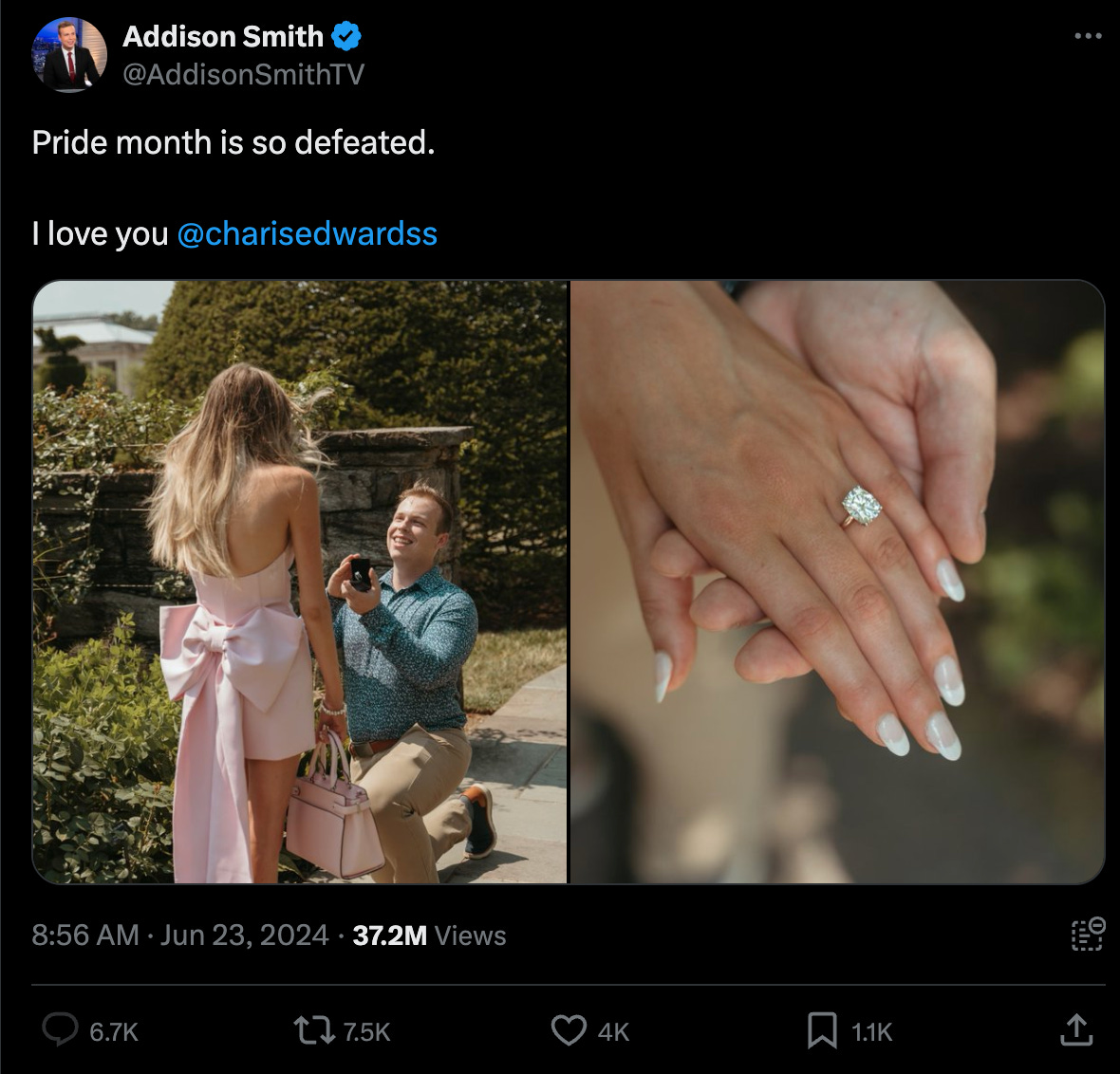 "Pride month is so defeated," tweeted Addison Smith, who says he loves his fiancee, a woman