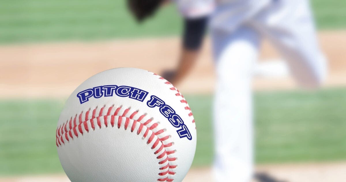 Closeup of a baseball that reads Pitch Fest with a pitcher in the background