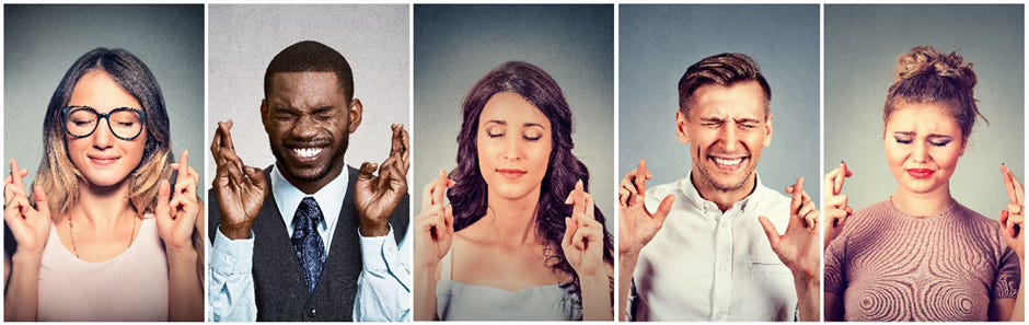 The image shows a collage of six people with various facial expressions and body language. The expressions range from hopeful and optimistic to anxious and nervous, with some individuals crossing their fingers or expressing other gestures of anticipation or nervousness. The diversity of the people depicted in terms of gender, ethnicity, and age suggests a broad range of emotional states and reactions to a common situation or experience.