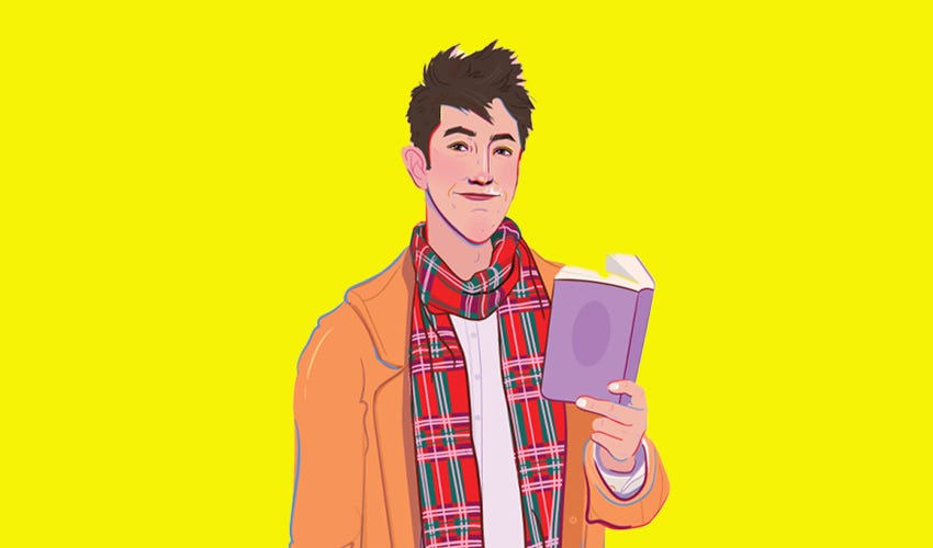 A detail from the cover of my next novel Leading Man, featuring the main character holding a book. Leo has dark hair, a pointy chin, large-ish ears, and a small patch of vitiligo above his lip. he wears a tartan scarf and a tan coat