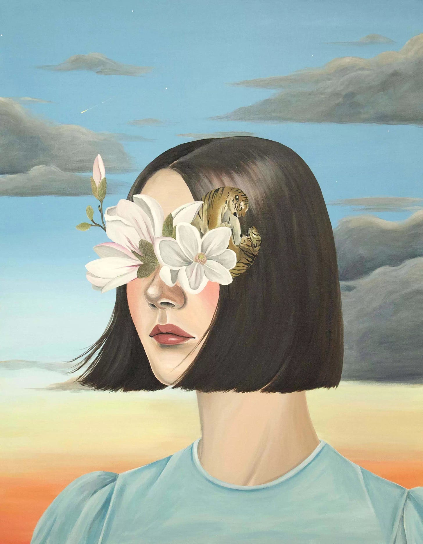 Mariko Enomoto painting. Woman with short dark hair. Instead of eyes she has flowers and tigers painted on