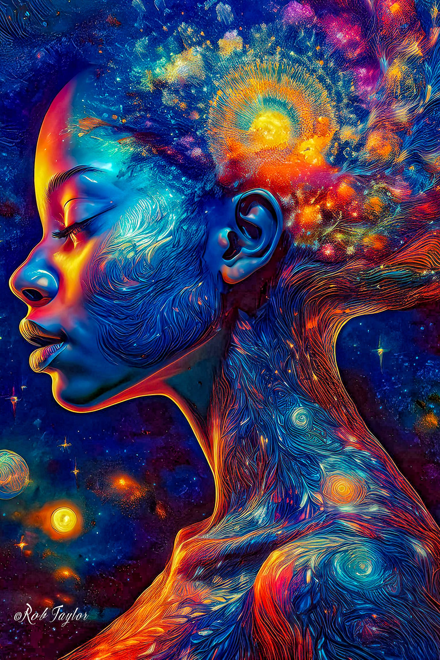 Digital illustration of a woman's profile with eyes closed, surrounded by swirling cosmic patterns of vibrant blue, orange, and yellow. Energetic waves flow from her head, symbolizing expanded consciousness and sensory perception. Her serene expression contrasts with the dynamic celestial background, representing the complexity of sensory input and the limitations of traditional mindfulness.