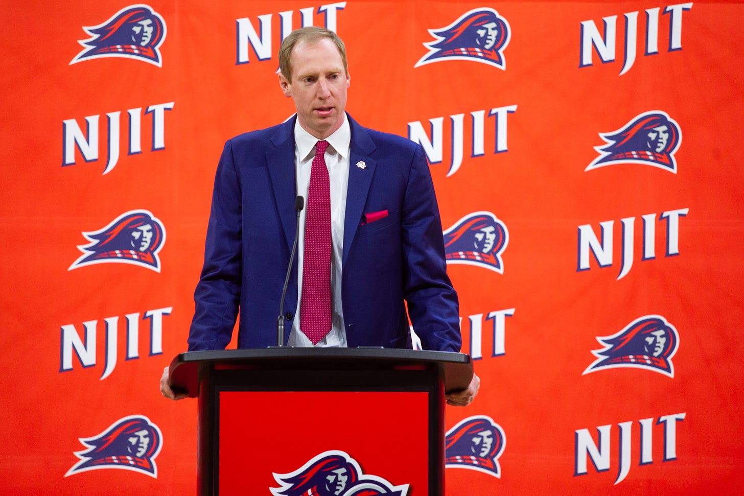 Former Seton Hall player and assistant coach Grant Billmeier is introduced as the head coach of NJIT on April 20, 2023. (Photo by Matt Kipp / courtesy of NJIT athletics)