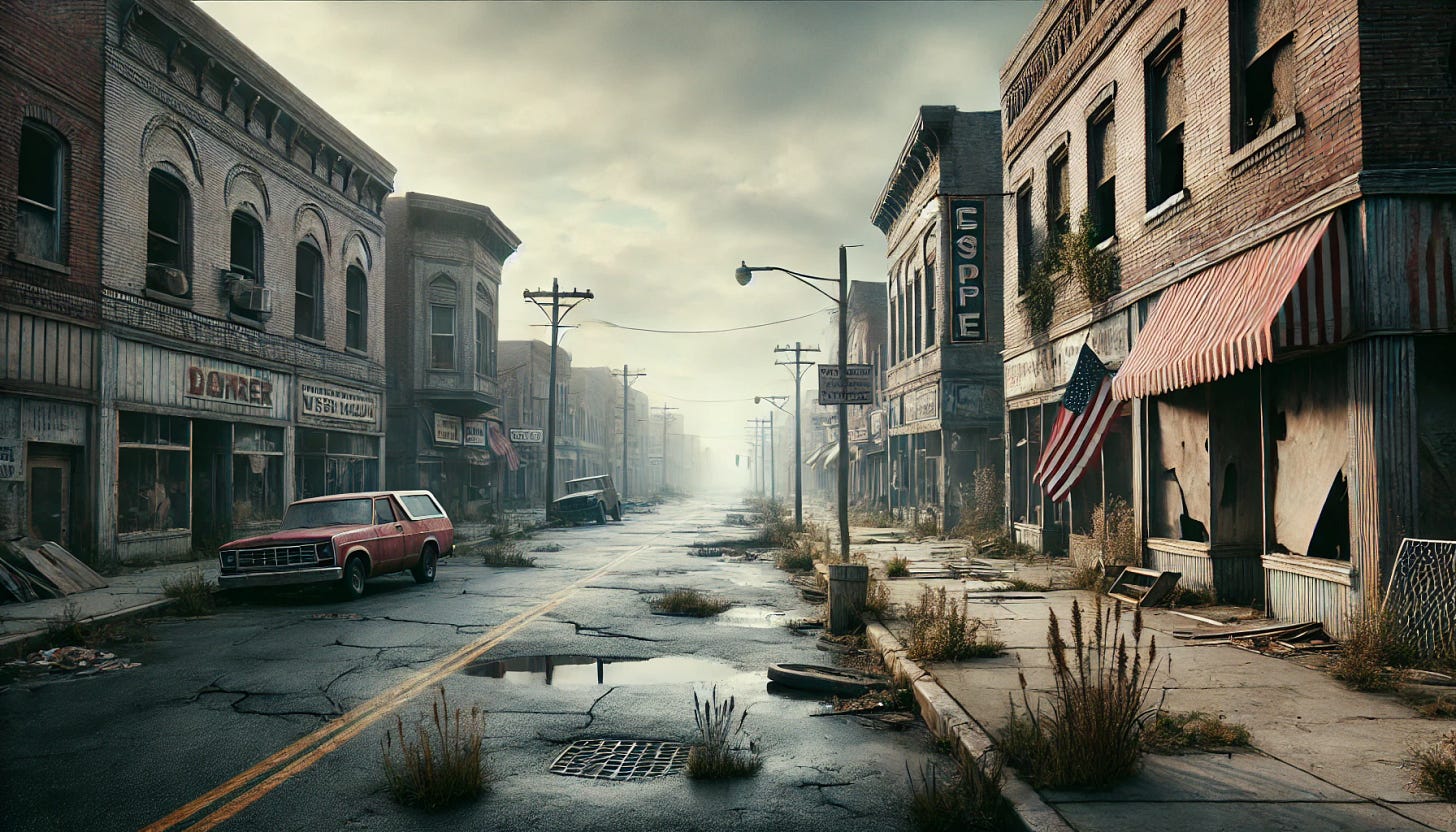 A realistic 16:9 image of a collapsed and abandoned small town in America. The scene shows a main street with empty, decaying buildings, boarded-up windows, and cracked sidewalks. Weeds grow through the asphalt, and faded signs hang from once-busy storefronts. The sky is overcast, giving a gloomy, desolate atmosphere. Broken streetlights and abandoned vehicles add to the sense of abandonment. The overall mood is somber and eerie, capturing the feeling of a forgotten, decayed town.