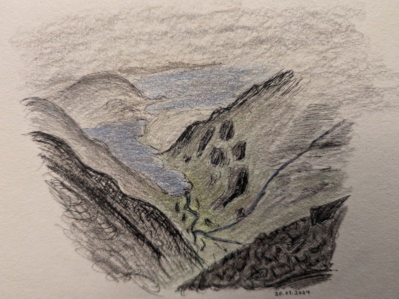 Coloured pencil and ink drawing showing steep mountains dropping off to a loch with the sea in the background. 
