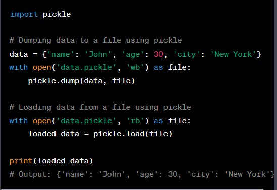 With pickle, you can directly serialize Python objects, including their internal state and behavior. However, keep in mind that pickle is Python-specific, meaning the serialized data may not be compatible with other programming languages.