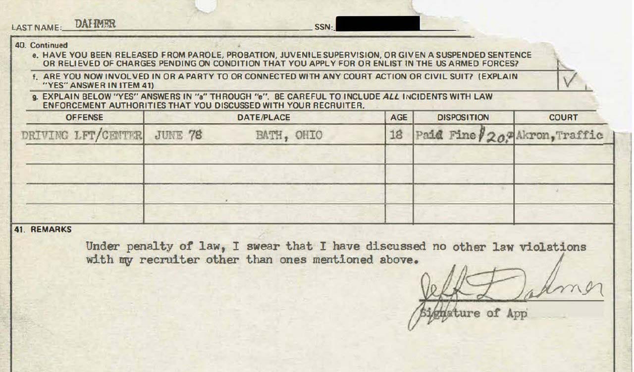 Document showing Jeff Dahmer received a traffic ticket in June 1978 for driving left of center.