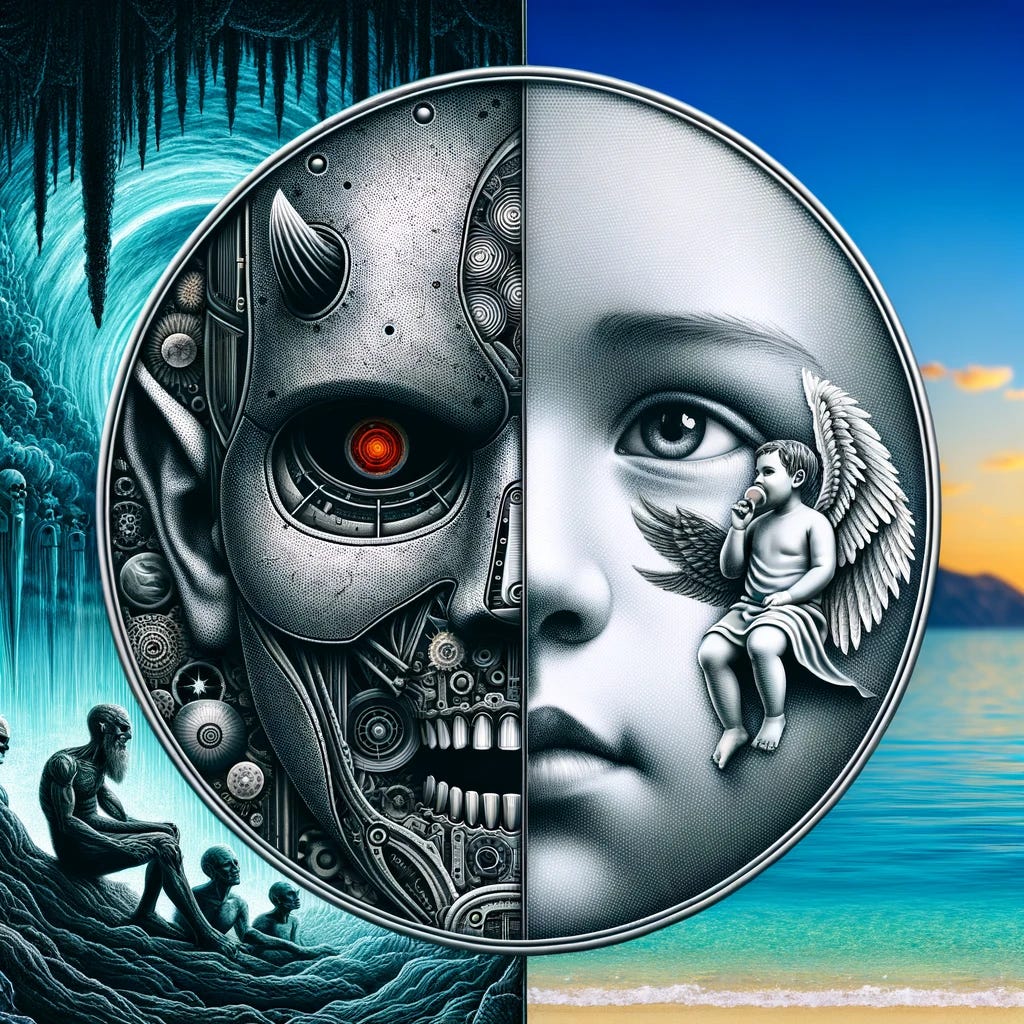 A detailed image of a robot's face, divided in the middle. On the left side, there's a demon whispering into the robot's ear, with a background depicting an apocalyptic world. On the right side, a small angel is seated on the robot's shoulder, set against a serene seascape background. The image captures the contrasting influences and environments, symbolizing the dual nature of technology and decision-making.