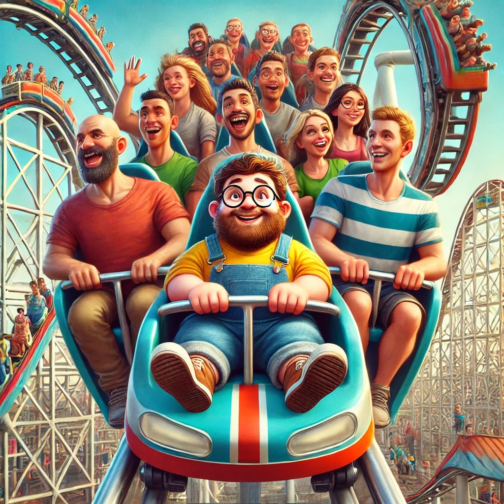 An amusement park scene with a dwarf man riding a rollercoaster surrounded by tall humans. The dwarf man has a joyful expression, holding onto the safety bar with both hands, seated in a colorful rollercoaster car. The other passengers, noticeably taller, add contrast to emphasize his shorter stature. The background includes other rollercoaster tracks, a bright blue sky, and people enjoying the amusement park. The overall atmosphere is fun and energetic, capturing the thrill of the rollercoaster ride.