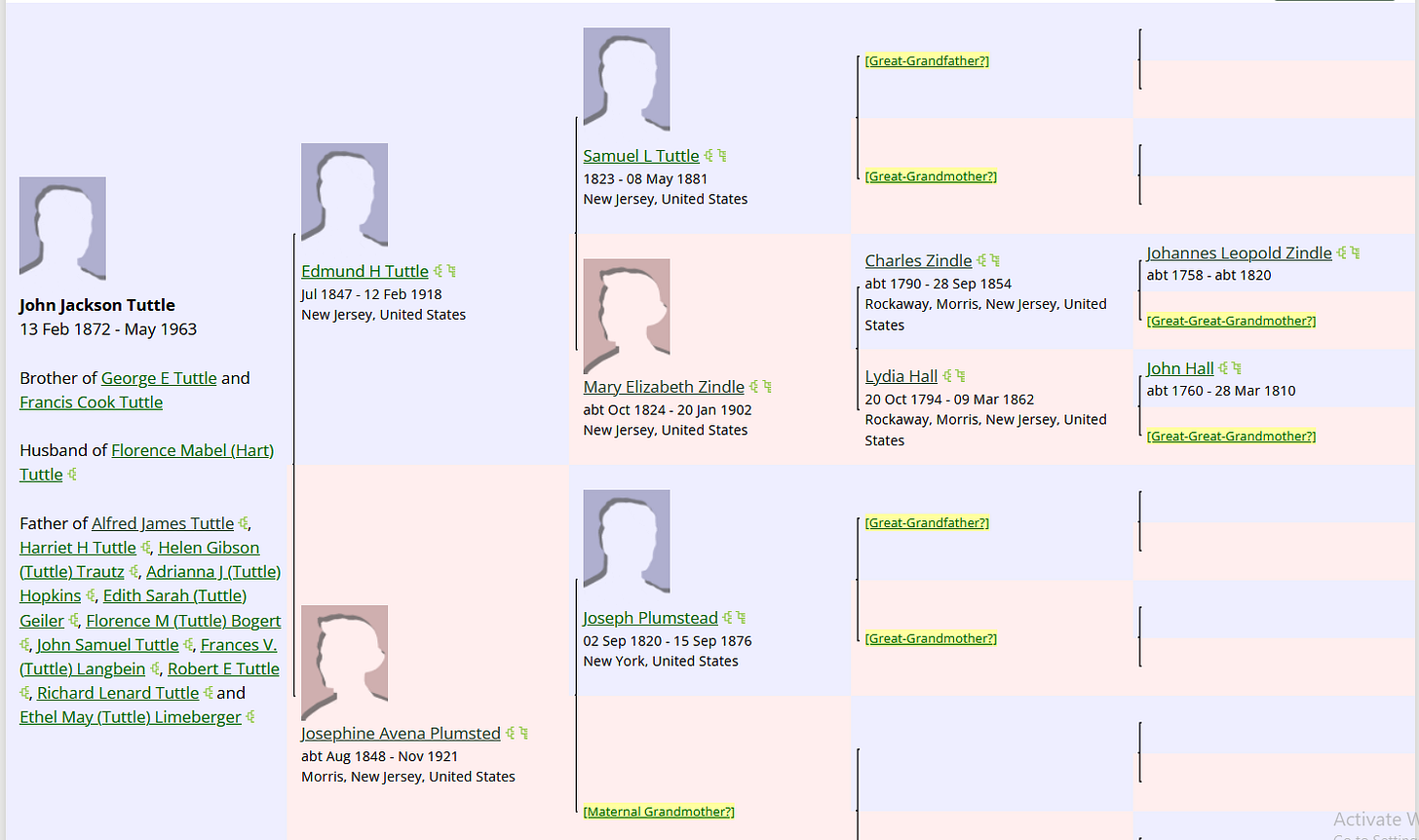 Screenshot of John Jackson Tuttle's WikiTree Ancestor chart