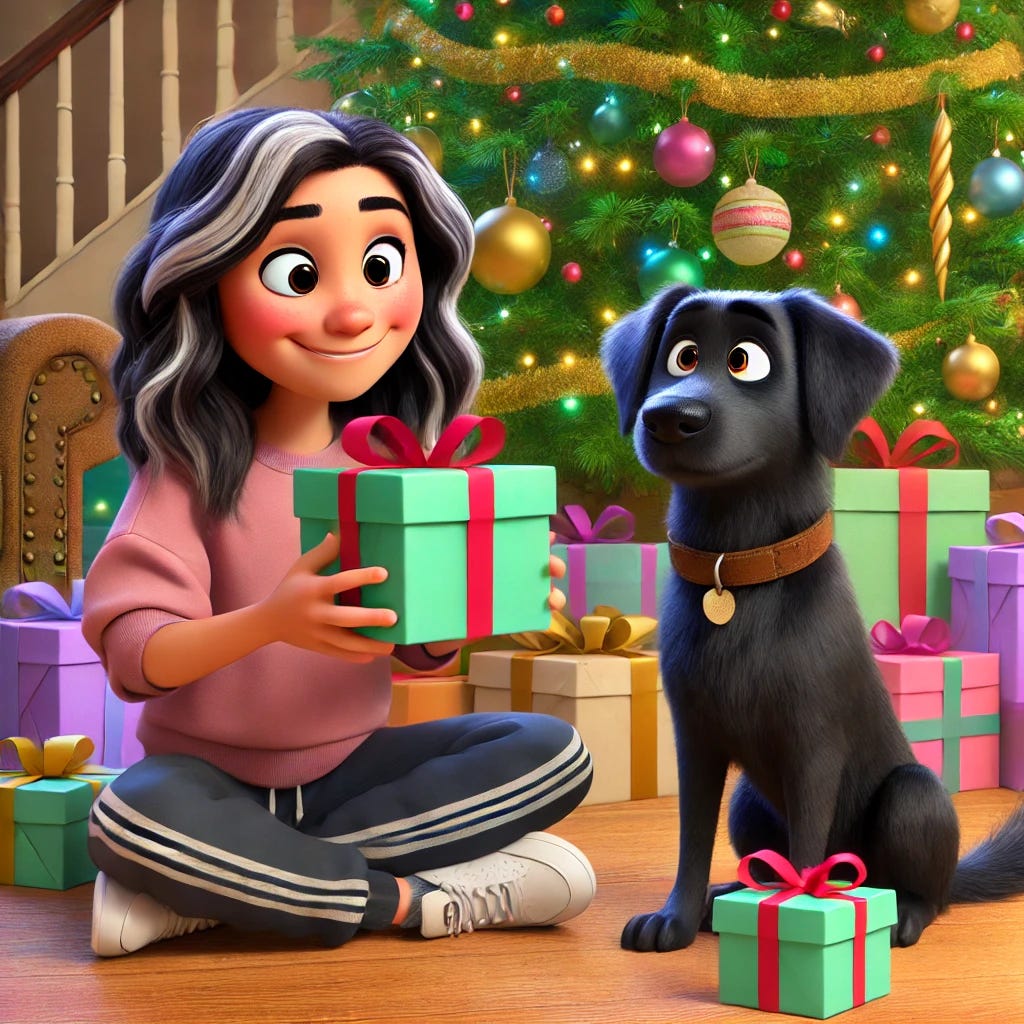 A Pixar-style cartoon depicting a joyful scene of Freya, a 44-year-old woman with dark brown hair slightly below shoulder length with grey streaks, wearing a dusky pink t-shirt, black jogging bottoms, and white sneakers, sitting under a beautifully decorated Christmas tree with her black Labrador, Twyla, who has a brown collar and brown eyes. They are surrounded by colorful wrapped presents. Freya is opening a gift with a warm smile, while Twyla looks curious and excited. The background shows a cozy room with soft lighting and holiday decorations, emphasizing a festive and heartwarming atmosphere.