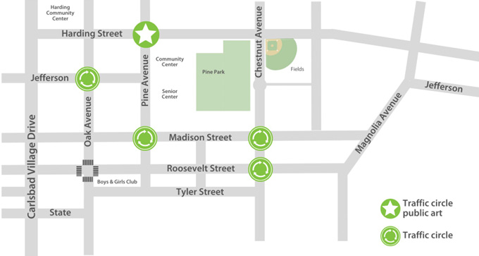 Above is a map of the locations of the new traffic circles in the Barrio neighborhood in Carlsbad. Courtesy image