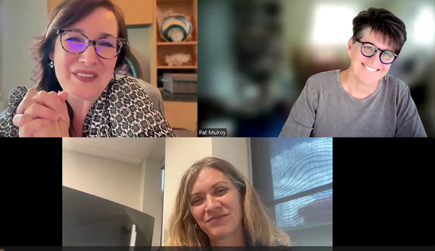 This photo is of 3 women in a zoom room. Top left is Melissa smiling wearing a patterned shirt, bottom center is Jeanne, smiling with a tan wall and window behind her. Top Right is Pat smiling with a blurred background and a brown top. 