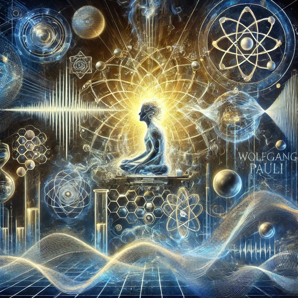 An artistic and conceptual illustration inspired by the Pauli Effect and its connection to consciousness influencing reality. The image features a chaotic yet mesmerizing laboratory scene with glowing scientific instruments and waveforms disrupted by an ethereal presence, symbolizing Wolfgang Pauli’s legendary influence. In the background, abstract patterns of quantum particles and energy fields merge with symbolic representations of synchronicity and interconnectedness. The color palette combines vibrant golds, deep blues, and silvers to evoke mystery, science, and the subtle power of mind-matter interaction.